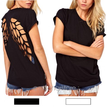 Summer Hot T-shirts Angel Wings Short Sleeve 0-Neck Women Casual Shirts Backless Casual Tops Black White Plus Size S-XXXL32338482768