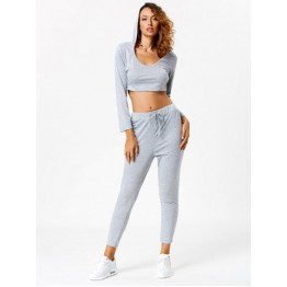 Active Long Sleeve Hooded Crop Top and Pants - Light Gray - M