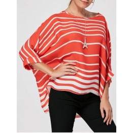 Batwing Sleeve High Low Striped Blouse - Red - Xl
