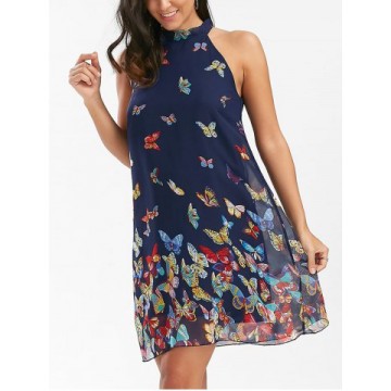 Butterfly Sleeveless Chiffon High Neck Dress - Purplish Blue - Xl1123003