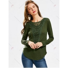 Casual Scoop Neck Hollow Out Crochet Spliced Solid Color T-Shirt For Women - Army Green - Xl