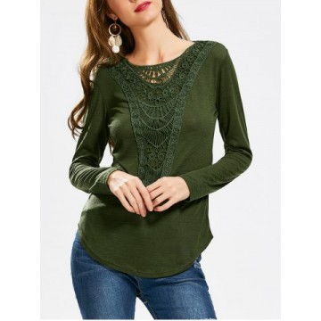 Casual Scoop Neck Hollow Out Crochet Spliced Solid Color T-Shirt For Women - Army Green - Xl1242645