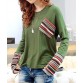 Casual Scoop Neck Long Sleeves Striped Splicing T-Shirt For Women - Green - One Size