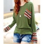 Casual Scoop Neck Long Sleeves Striped Splicing T-Shirt For Women - Green - One Size