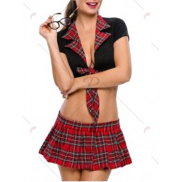 Checked School Uniform Cosplay Costumes - Red - S