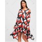Christmas Hat Printed Cold Shoulder Asymmetrical Dress - Black And Red - 2xl