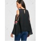 Cold Shoulder Flarel Sleeve Embroidery Blouse - Black - L