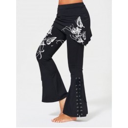 Criss Cross Bottom Flare Pants with Print - Black - L