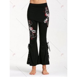 Criss Cross Bottom Flower Print Flare Pants - Black And Red - L