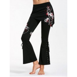 Criss Cross Bottom Flower Print Flare Pants - Black And Red - L