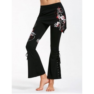 Criss Cross Bottom Flower Print Flare Pants - Black And Red - L1250780