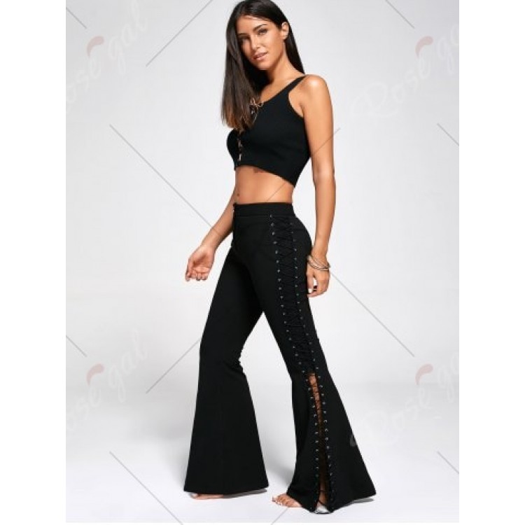 Criss Cross Lace Up Side Flare Pants - Black - 2xlBottoms