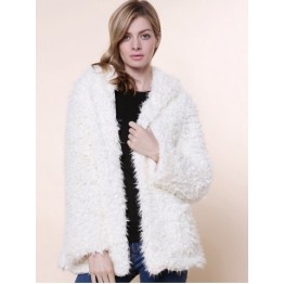 Cute Bear Ear Design Hooded Long Sleeves Women's White Faux Fleece Coat - White - L
