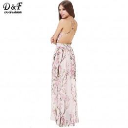 Dotfashion 2016 Summer Fashion Women Dresses Sexy Elegant Party Spaghetti Strap Backless Floral Print Maxi Dress