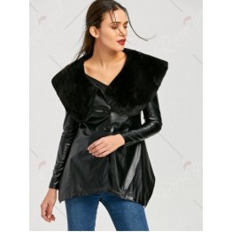 Faux Fur Collar Asymmetric PU Leather Coat - Black - 2xl