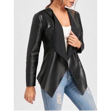 Faux Leather Slim Waterfall Jacket - Black - L1332621