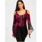 Flare Sleeve Lace Up Velvet Gothic Top - Wine Red - 2xl