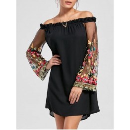 Flare Sleeve Off Shoulder Embroidered Mesh Dress - Black - 2xl