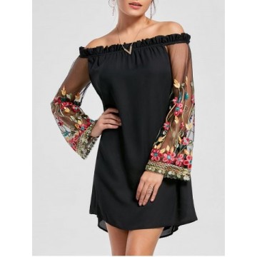 Flare Sleeve Off Shoulder Embroidered Mesh Dress - Black - 2xl1234754