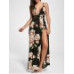 Floral Slit Backless Maxi Slip Plunge Dress - Black - M1225272