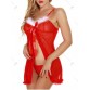 Flounce Feathers Front Slit See Through Christmas Lingerie Babydoll - Red - Xl