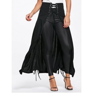 Front Slit Lace Up High Waisted Maxi Skirt - Black - M1325420