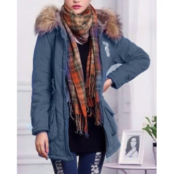 Graceful Hooded Long Sleeve Badge Embroidered Women's Padded Coat - Blue - 2xl