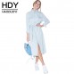 HDY Haoduoyi 2016 Fashion Women Blue Solid Denim Retro Dress Single Breasted Long Maxi Dress Front Belt Casual Loose Shirt Dress