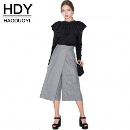 HDY Haoduoyi Office lady wool blends Pants high waist Houndstooth women wide leg pants for wholesale and free shipping