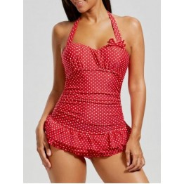 Halter Polka Dot Backless Skirted Ruffle Swimsuit - Red - 2xl