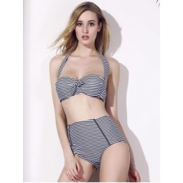 Halter Striped High Waisted Bikini Set - White And Black - L