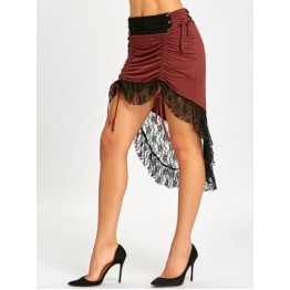 High Low Lace Insert Ruched High Waisted Skirt - Brick-red - Xl