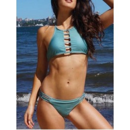 High Neck Halter Strappy Thong Bikini Set - Army Green - S