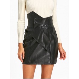 High Waist Faux Leather Mini Skirt - Black - M