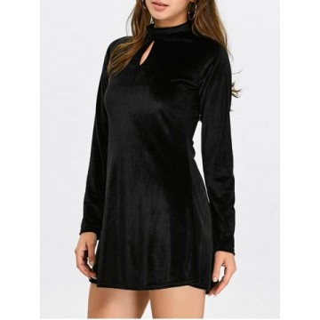 Keyhole Mock Neck Short Velvet Tight Dress - Black - L934701