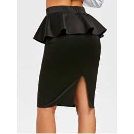 Knee Length Peplum Pencil Skirt - Black - M