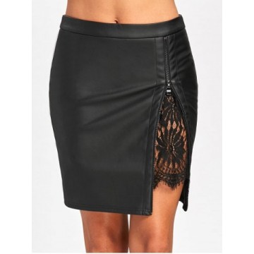 Lace Insert Faux Leather Bodycon Skirt - Black - 2xl1311471