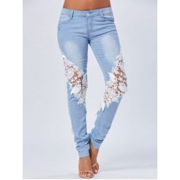 Lace Insert Staright Jeans - Blue - M