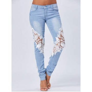 Lace Insert Staright Jeans - Blue - M1254573