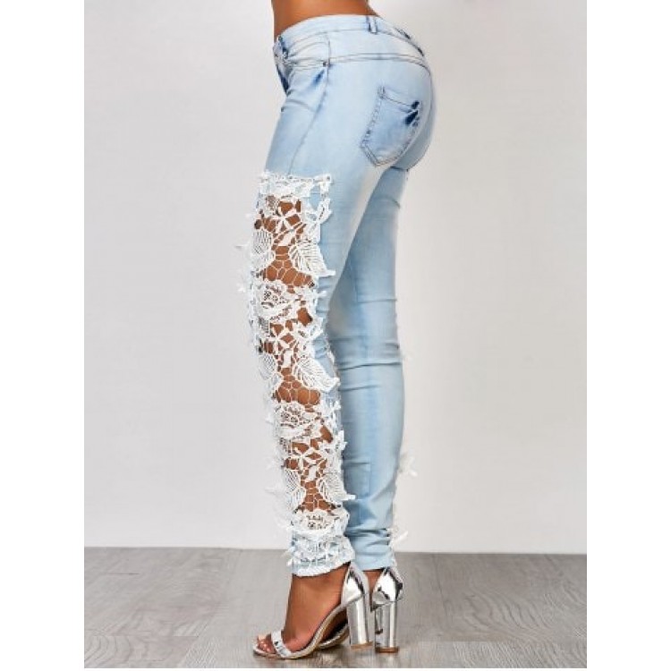 Lace Insert Washed Skinny Jeans - Azure - MBottoms