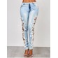 Lace Insert Washed Skinny Jeans - Azure - M