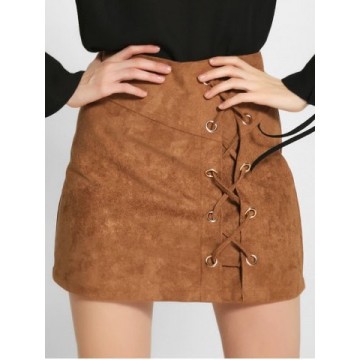 Lace-Up Faux Suede A-Line Skirt - Khaki - M767347