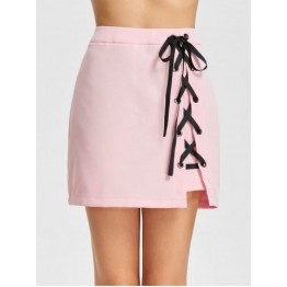 Lace Up Mini Skirt - Light Pink - L
