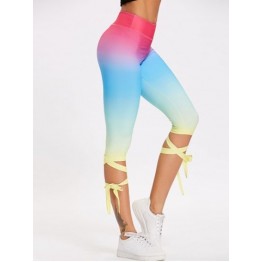 Lace Up Ombre Color High Waisted Gym Pants - M
