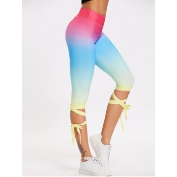 Lace Up Ombre Color High Waisted Gym Pants - M