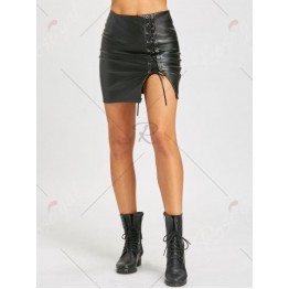 Lattice Mini Faux Leather Skirt - Black - M