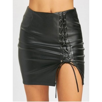 Lattice Mini Faux Leather Skirt - Black - M1461163