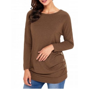 Long Sleeve Button Embellished Tunic Top - Brown - Xl
