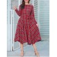 Long Sleeve Plaid Belted Midi Dress - Red - Xl