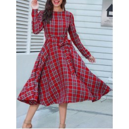 Long Sleeve Plaid Belted Midi Dress - Red - Xl